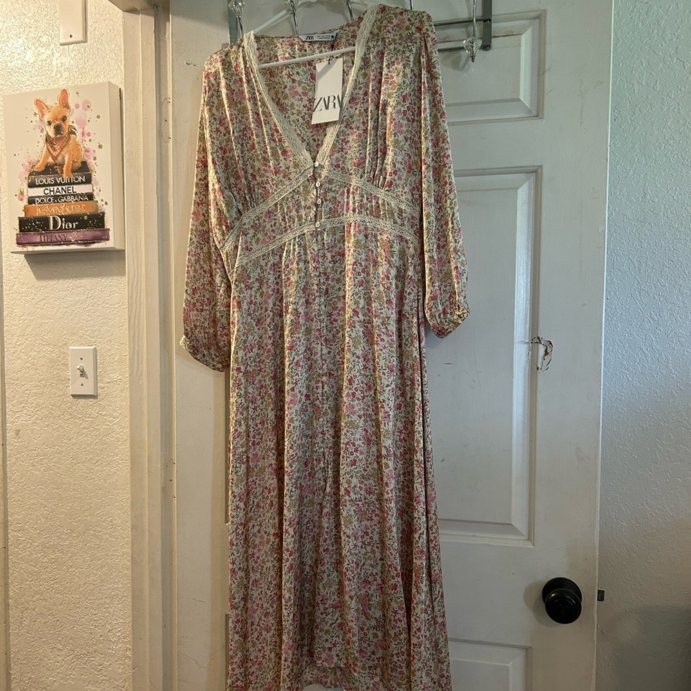 Zara Floral Maxi Dress in Cream with Pink and Green Print - Picture 1 of 4